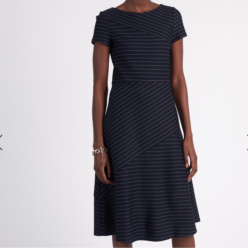 Esprit navy with white pinstripes midi dress, Size medium, EUC